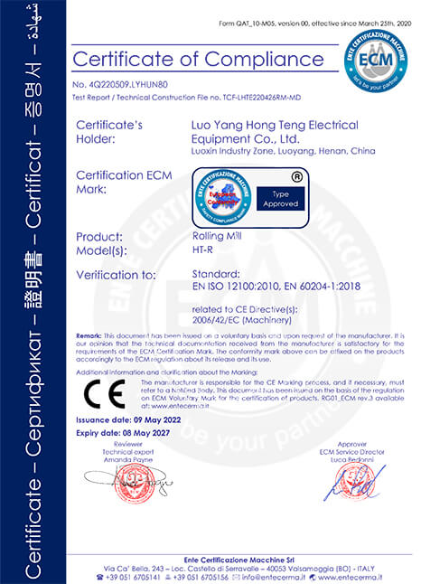 Luoyang Hongteng Rolling Mill CE Certificate